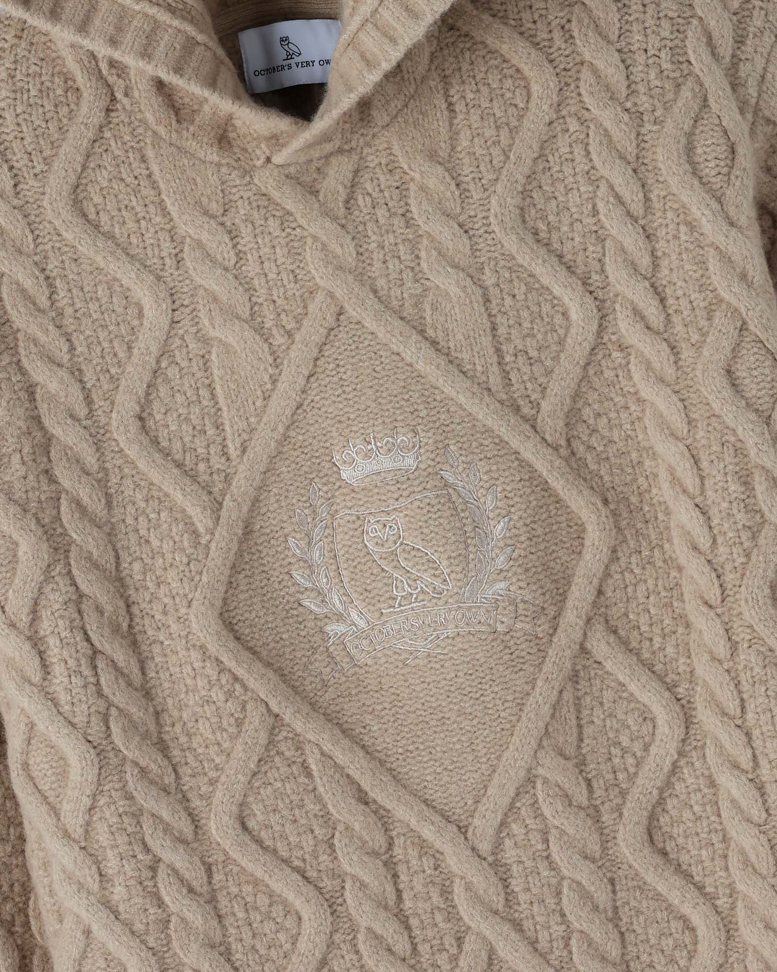 Cable Knit Hoodie With Crest - Camel - Image 2