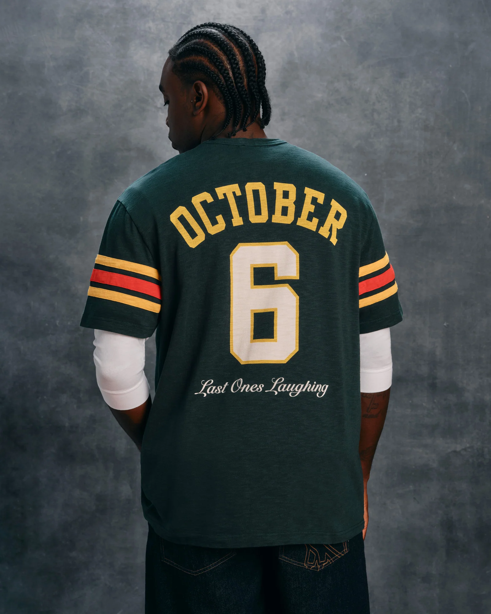 Last Ones Laughing Football Tee - Midnight Green - Image 2